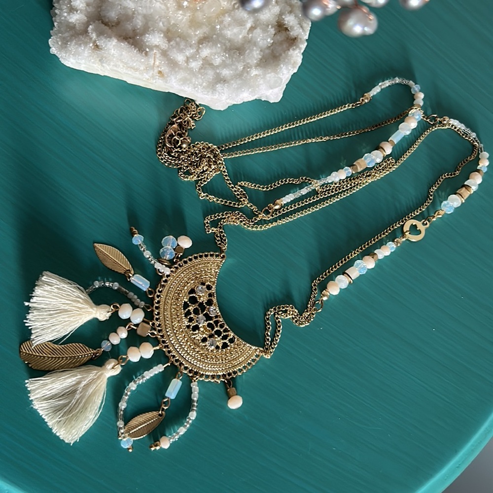 Women’s Boho Double Strand Mixed Bead Fringe Tassel Gold Tone Medallion Necklace